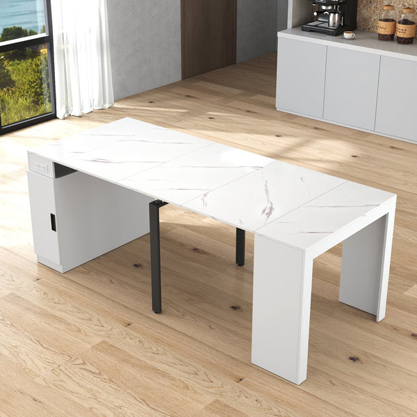 English Elm Modern Extendable Dining Table with Built-In Outlet, USB Ports & Storage, Space-Saving Console to 118" White W331S00193