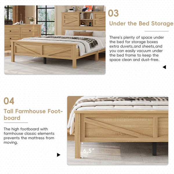 English Elm 3-Pieces Bedroom Set Full Size Farmhouse Platform Bed with Storage Headboard, Nightstand & Dresser Natural 46.25 L x 9.25 W x 9 H N733S369037M