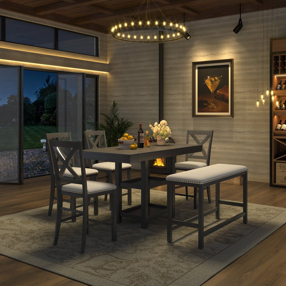 English Elm U_style Rubberwood Farmhouse Bar Table Set Expandable Crossback Chairs Bench Seating Grey WY000534AAE