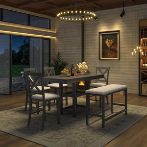English Elm U_style Rubberwood Farmhouse Bar Table Set Expandable Crossback Chairs Bench Seating Grey WY000534AAE