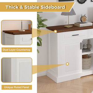 English Elm 63" Fluted Sideboard Buffet Cabinet with Coffee Bar Storage, 4 Doors 3 Drawers, Smooth Silent Slides White W2917P319113