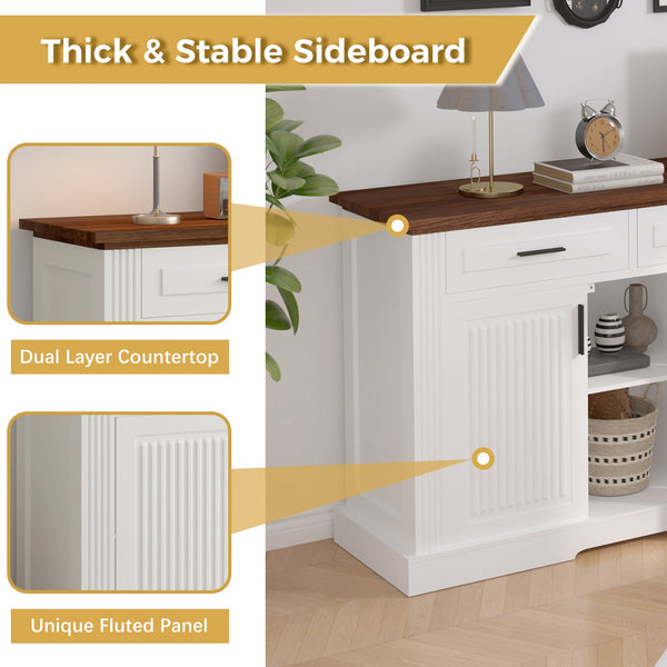 English Elm 63" Fluted Sideboard Buffet Cabinet with Coffee Bar Storage, 4 Doors 3 Drawers, Smooth Silent Slides White W2917P319113