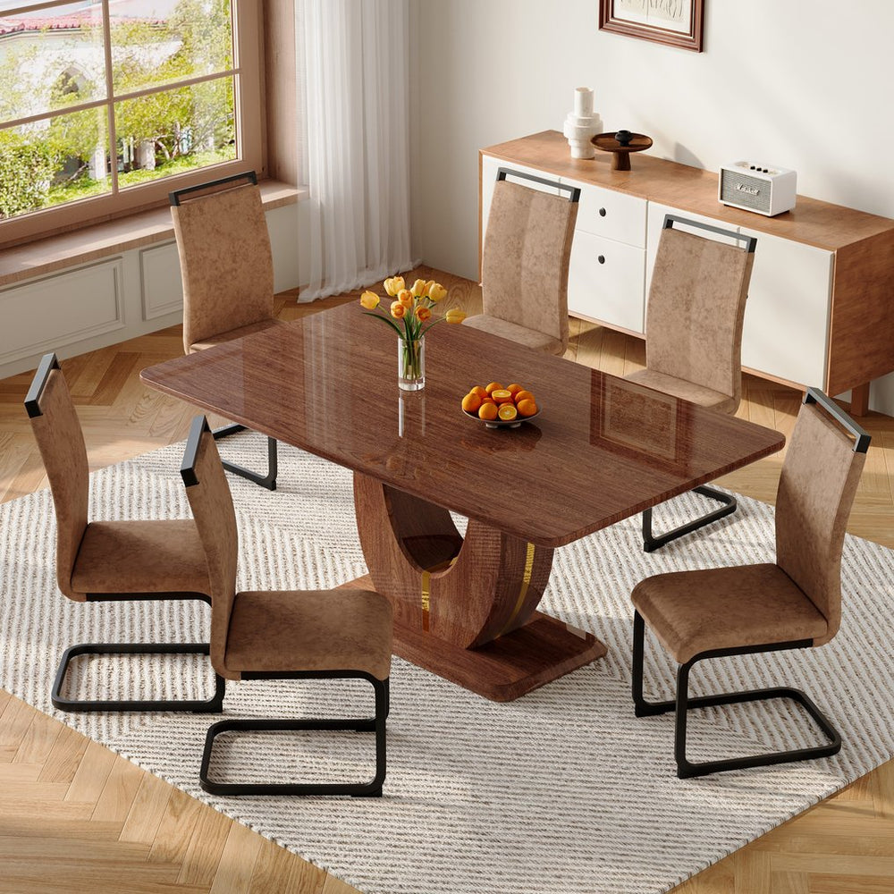 English Elm Table and Chair Set Seats 10 with Marble Mdf Top Brown Fabric Dining Chairs W1151S04402