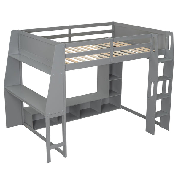 English Elm Wood Full Size Gaming Loft Bed Pine Frame with Led Lighting Desk and Storage Shelves N7090001042E-1