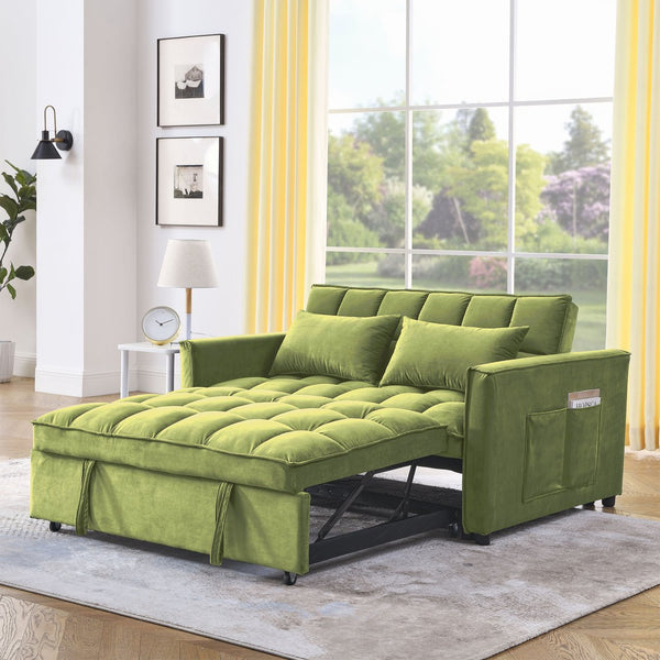 English Elm Sleeper Velvet Convertible Sofa Bed 3-in-1 Recliner 2-Seater Sectional with Pillows & Side Pockets Green W1853P255670
