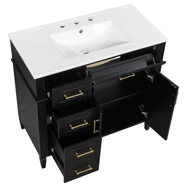 English Elm 36 Inch Freestanding Bathroom Vanity Sage Pine Cabinet Gold Hardware Ceramic Sink Black N725P366466B