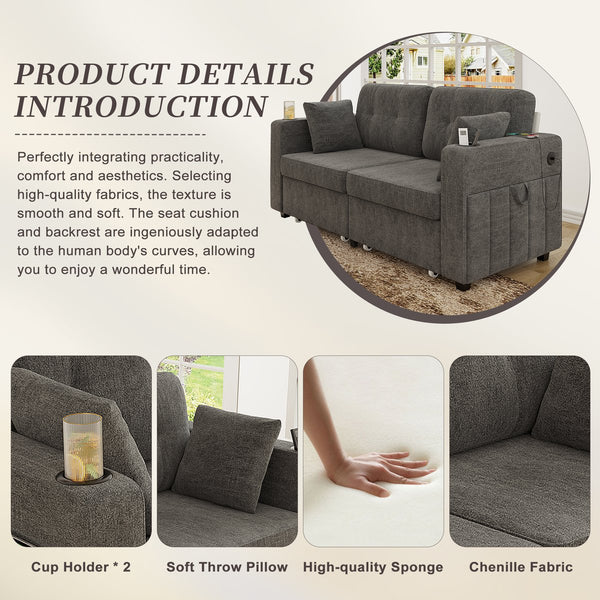 English Elm Sofas for Living Room Chenille Three Seat Couch with Usb Charging Storage and Cup Holder Gray W395S00143