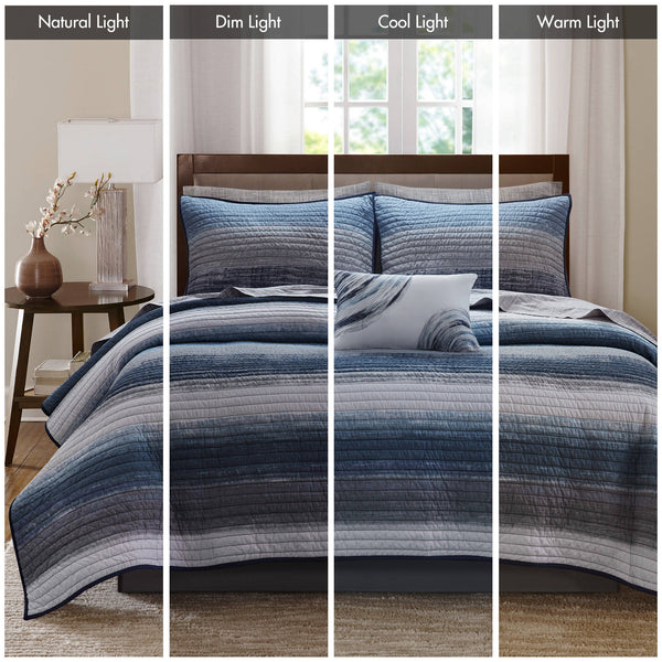 English Elm 6-piece Twin Watercolor Stripe Cotton Quilt Set with Anti-microbial Bedding Bundle Navy Multi B035P408264