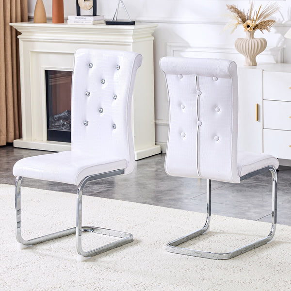 English Elm Set of 2 Glam Faux Alligator Pvc Dining Chairs with Crystal Buckle Bow Legs White W3875P371055