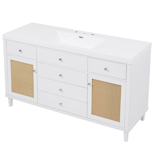 English Elm Christopher Knight Home® - 60" Modern Bathroom Vanity with Durable SMC Sink, Rattan Doors, Soft-Close Drawers, Pine Legs White N817P296130W