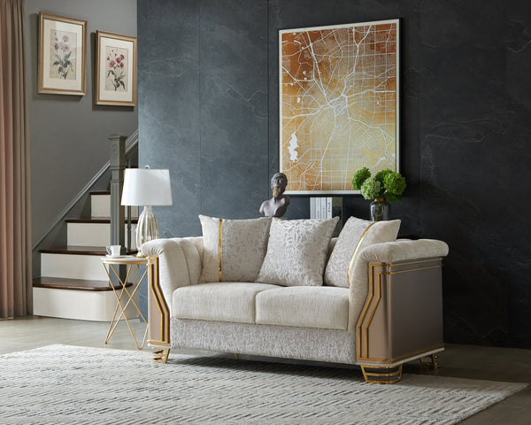 English Elm Chateau Cream Upholstered Sofa and Loveseat Set with Gold Steel Legs for Formal Rooms B009S02178