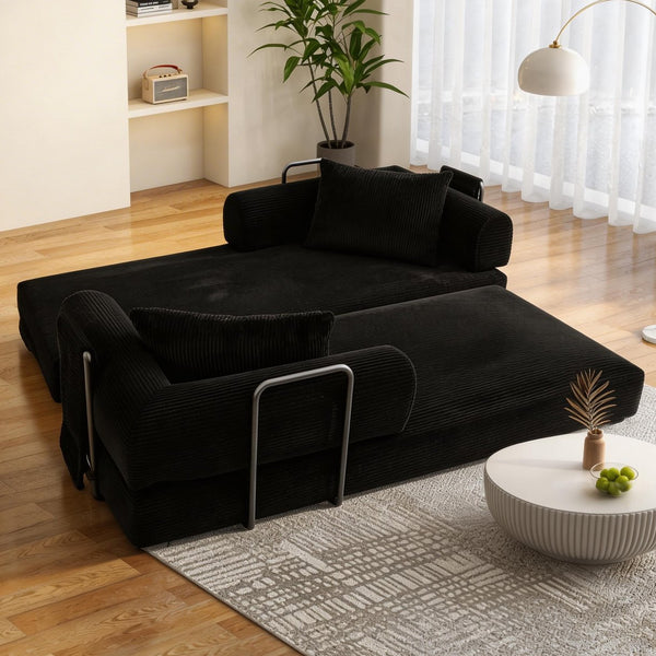 English Elm 78 Inch Corduroy Convertible Sofa Sleeper Futon with Foldable Armrests for Studio Rooms Black W5385P455023