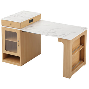English Elm K&K Modern Extendable 59.5" Kitchen Island with Double-Sided Storage, Power Outlet & Casters Natural N707S000017Y
