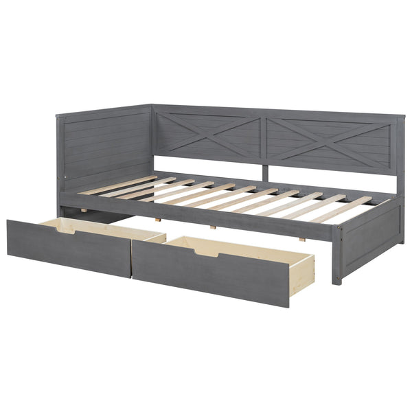 English Elm Twin Wood Daybed with 2 Drawers Rustic Guardrail in Ancient Grey — Storage Twin Bed, Pine MDF Craftsmanship, 300lb Capacity N709P179657E