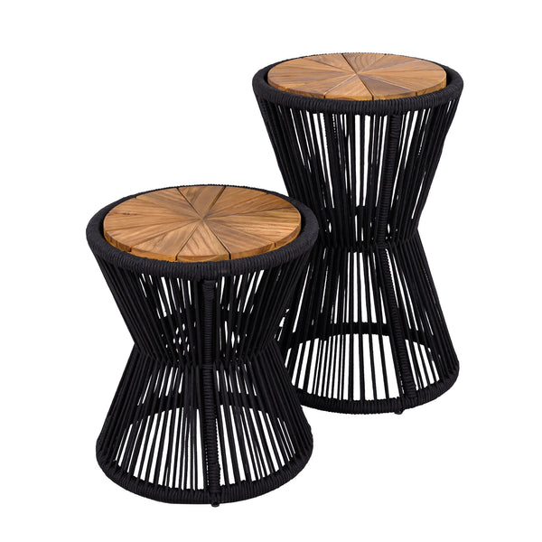 English Elm Scott Living Nara Outdoor Acacia Wood Side Tables with Woven Rope Iron Frame Set Black,Teak N770PS2354692B