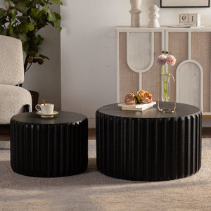 English Elm Black Scalloped Nesting Coffee Tables Matte Sculptural Oval Set for Modern Living Rooms Black W3081P389077