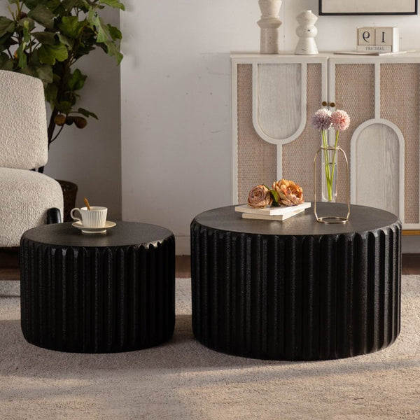 English Elm Black Scalloped Nesting Coffee Tables Matte Sculptural Oval Set for Modern Living Rooms Black W3081P389077