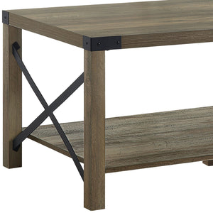English Elm Abiram Rustic Oak Coffee Table with X-Slat Design, 40mm Top, Metal Frame, Open Shelf, 44x24x14" B2726P288768
