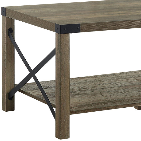 English Elm Abiram Rustic Oak Coffee Table with X-Slat Design, 40mm Top, Metal Frame, Open Shelf, 44x24x14" B2726P288768