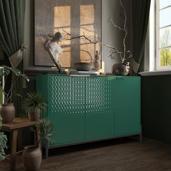 English Elm Modern Green High Gloss 3-Door Cabinet | Stylish Buffet Sideboard with Gold Handles & Sturdy Metal Legs T3609P333083