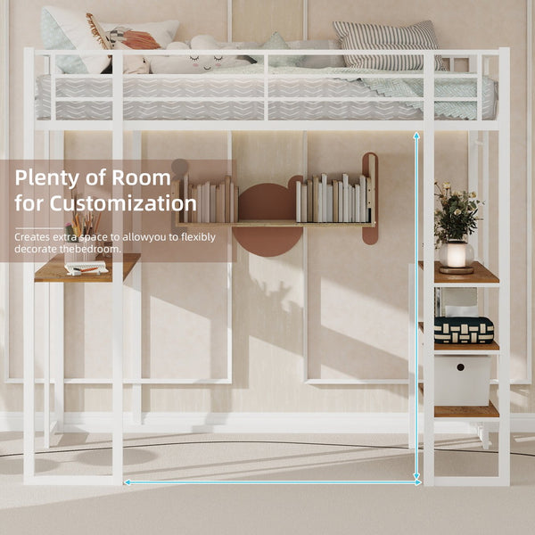 English Elm Iron framed bunk bed with L-shaped study desk and dual-side stairs, space-saving durable design White W1935P330796