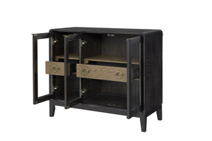 English Elm Glass Door Server Peppercorn - Elm Veneer Black & Latte Contrast, Glass Doors, Drawers for Dining Storage B2699P402560