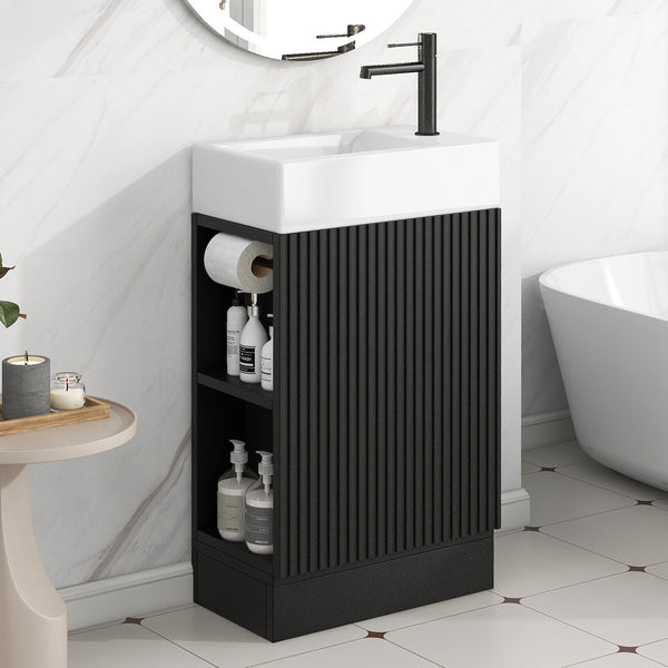 English Elm 18.6" Bathroom Vanity with Sink and Ceramic Top, MDF Cabinet with Door, TP Holder & Shelf Black N725P212181B