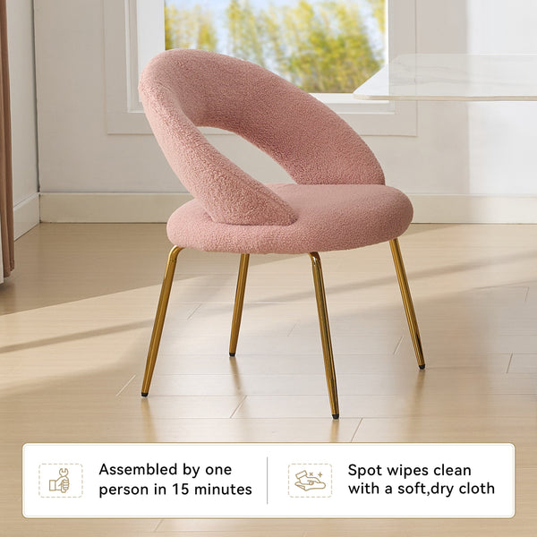 English Elm 061-Set Of 1 Plush Pink Teddy Fabric Dining Chair With Gold Legs - Ergonomic Design & Cozy Elegance W527P255486