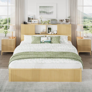 English Elm Queen Storage Bed Oak Finish Sliding Barn Door Headboard with Built-in Charging T3773P417198
