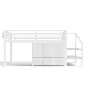 English Elm Twin Metal Low Loft Bed with Storage Stairs Fabric Drawers and Built-in Lights Light White W5305S00044