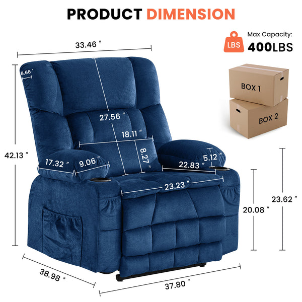 English Elm Dual Motor Large Power Lift Recliner Chair with Waist Kneading & Heat, Extended Footrest, USB Ports Blue W1521S00073