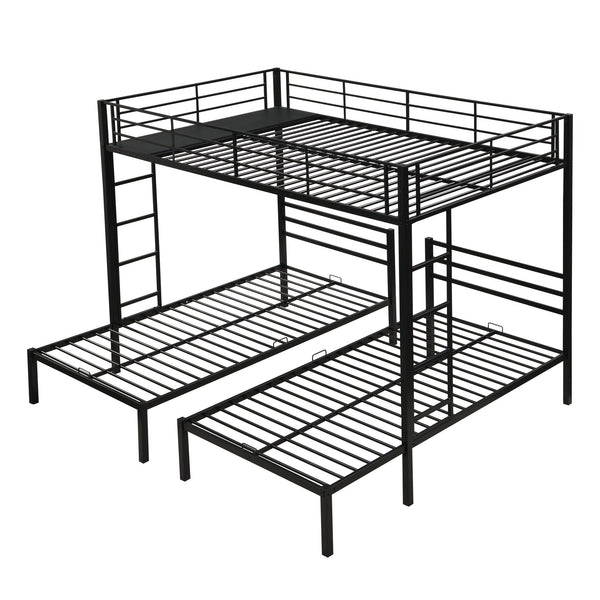 English Elm Full Metal Triple Bunk Bed Full over Twin over Twin with Vertical Ladder, Safety Rails & Shelf Black W2297S00026