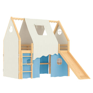 English Elm Full Size Pine Loft Bed with Slide Tent Panels Led Lights and Play Space Below W1580S00292