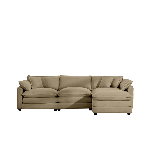 English Elm Corduroy L-Shaped 3-Seater Sofa With Ottoman - Stylish Tan Comfort For Small Living Spaces W714S00797
