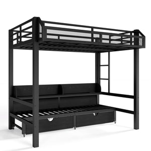 English Elm Twin Over Metal Bunk Bed with Led Lights Usb Ports Drawers and Sofa Conversion W5305S00002