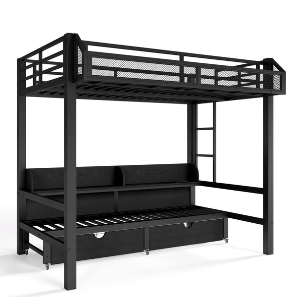 English Elm Twin Over Metal Bunk Bed with Led Lights Usb Ports Drawers and Sofa Conversion W5305S00002