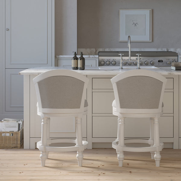 English Elm 26" Farmhouse Barrel Back Swivel Counterstool Upholstered Wood Frame Kitchen Island Seating White B2751P436470