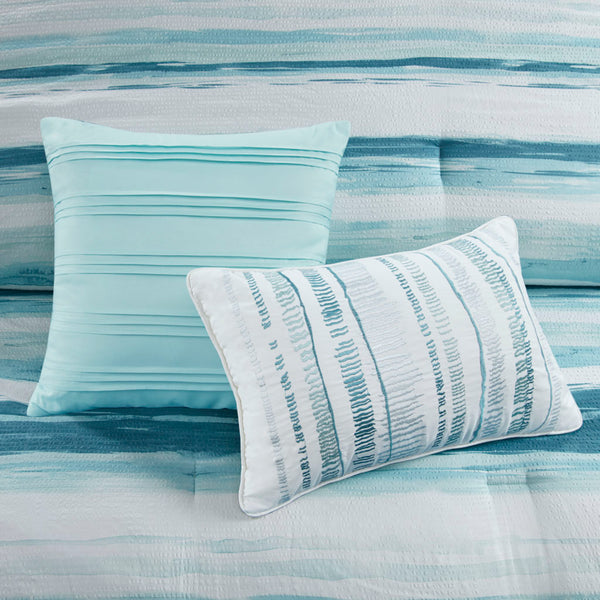 JLA Home Madison Park - 8 Seersucker Comforter and Quilt Set - Coastal Watercolor Stripes, Embroidered Pillows, Lightweight Luxury 92 L x 104 W x 1.5H MP10-7947