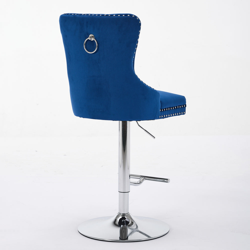 English Elm Thick Velvet Swivel Barstools with 17.7" Chrome Base, Tufted Diamond Pleating, Comfort Foam Seats Blue W1143P335044