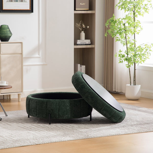 English Elm 31.3"w Chenille Channel Tufted Round Storage Ottoman Sculptural Pumpkin Seat for Any Room Green W3118P439478
