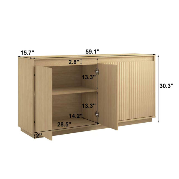 English Elm 4 Door Fluted Sideboard with Built-in Power Outlet Handleless Modern Dining Storage Cabinet Natural W409P454240