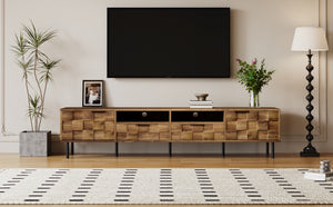 English Elm Mid retro TV Stand for TVs up to 85" — Medieval-inspired media console with 2 drawers, 4 cabinets, cable management Natural N710P193724P
