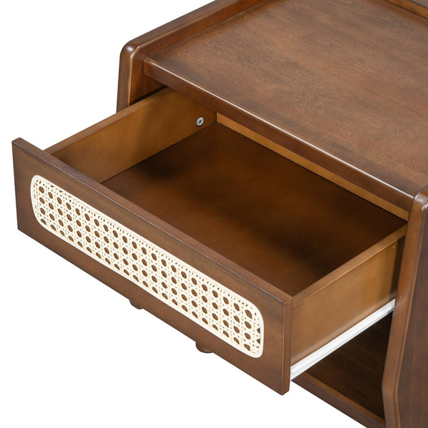 English Elm Black Rattan Panel Nightstand with Open Shelf Drawer Mdf Modern Bedroom Storage N770P374577D
