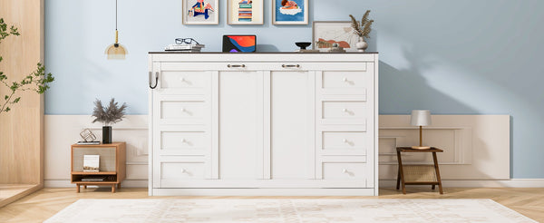 English Elm Twin Size Murphy Bed With Led Light – Stylish Space-Saving Wall Bed In White & Brown Cabinet Design N7090004013K-GIGA