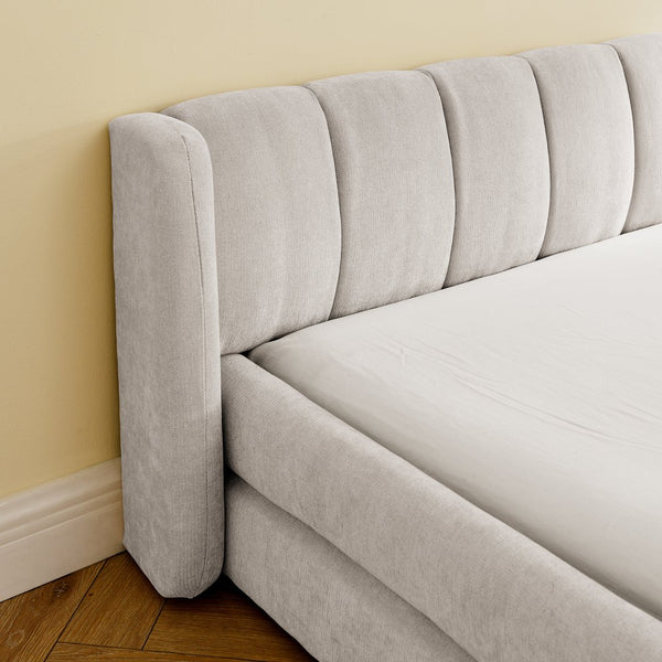 English Elm King Platform Bed Full Chenille Upholstery Low Profile Frame for Modern Bedroom Beige W487S00433