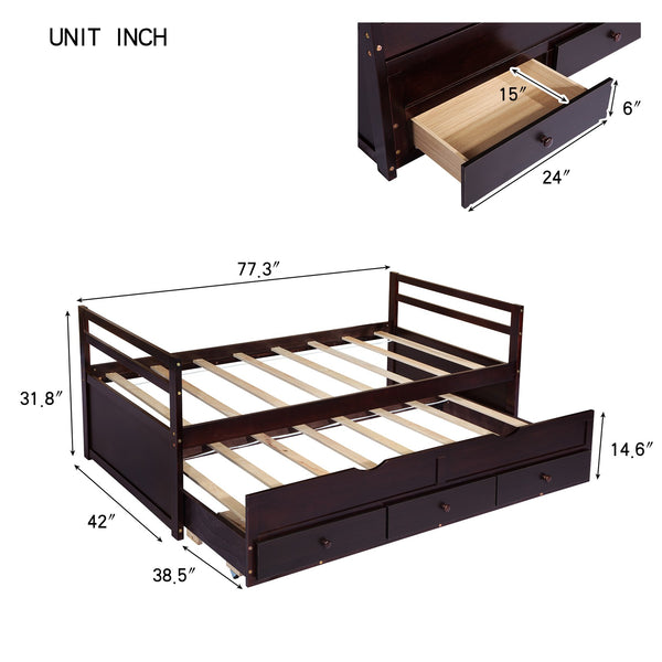 English Elm Twin Twin Size Bed with Trundle and Three Storage Drawers, Space-Saving Pine Frame with Classic Headboard Espresso W504P197165