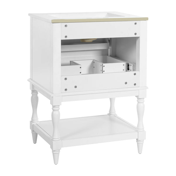 English Elm 24'' Retro Bathroom Vanity Mdf Cabinet with Ceramic Sink Open Shelf and 2 Drawers White N710P405414K