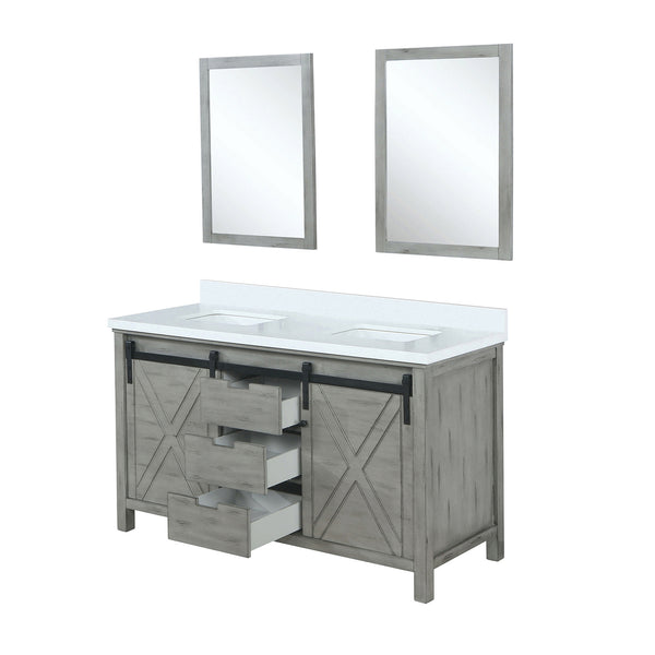 English Elm Ash Grey Double Bath Vanity With White Quartz Top, 2 Mirrors & Ample Storage For Modern Bathrooms B2731S00934