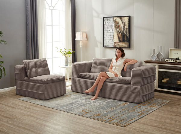 English Elm Multi Purpose Corduroy Sectional with Chaise Converts to King Floor Bed Deep Seat Coffee W3219S00010