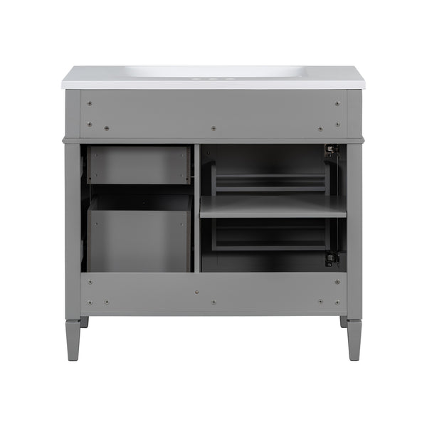 English Elm 36'' Modern Bathroom Vanity Set With Mirror, 2 Soft-Close Drawers, & 6 Open Shelves For Storage N710S236006E